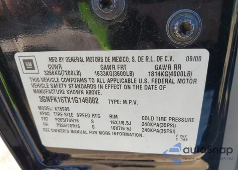 2001 Chevrolet Suburban 1500 Lt из США, поврежденный, VIN 3GNFK16TX1G146082